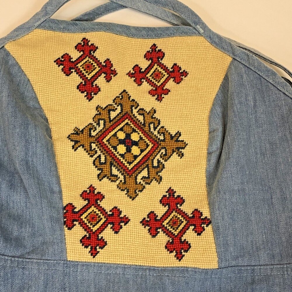 Slantzi Craft Vintage Denim Wrap Dress Embroidered Apron Style Stowe VT Small - Picture 4 of 10
